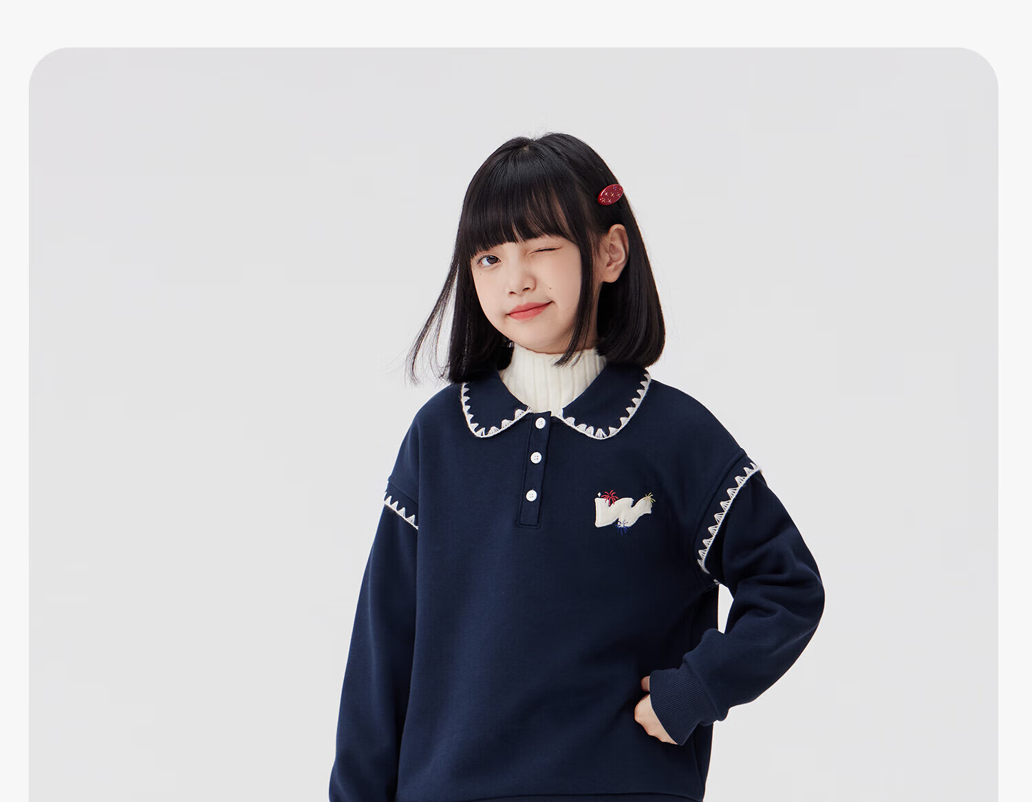 Zuo Xi Girls' Fleece-Lined Sweatshirt 2025 Winter Children's Polo Shirt Doll Collar Warm Top Navy Blue 120 19